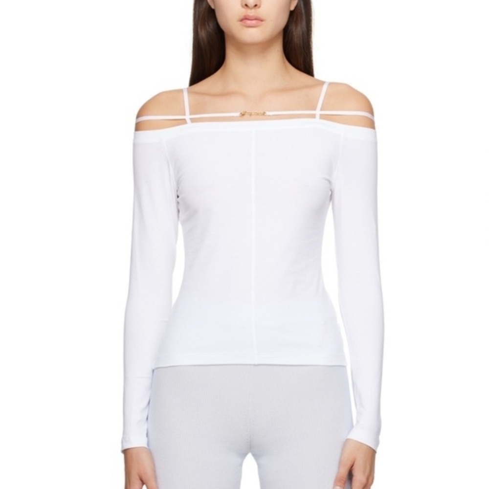 Jacquemus White Off-Shoulder Double-Strap Long Sleeve Top